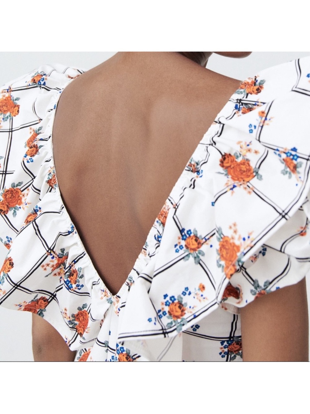 Zara White Floral Grid Ruffle Sleeve Midi Dress Large - Picture 3 of 12